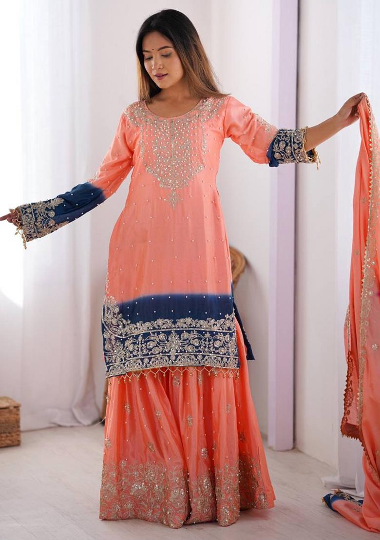 Peach Silk Sequin Embroidered Salwar Kameez With Dupptta