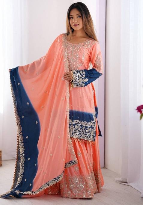 Peach Silk Sequin Embroidered Salwar Kameez With Dupptta