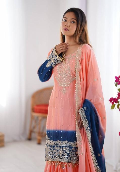 Peach Silk Sequin Embroidered Salwar Kameez With Dupptta