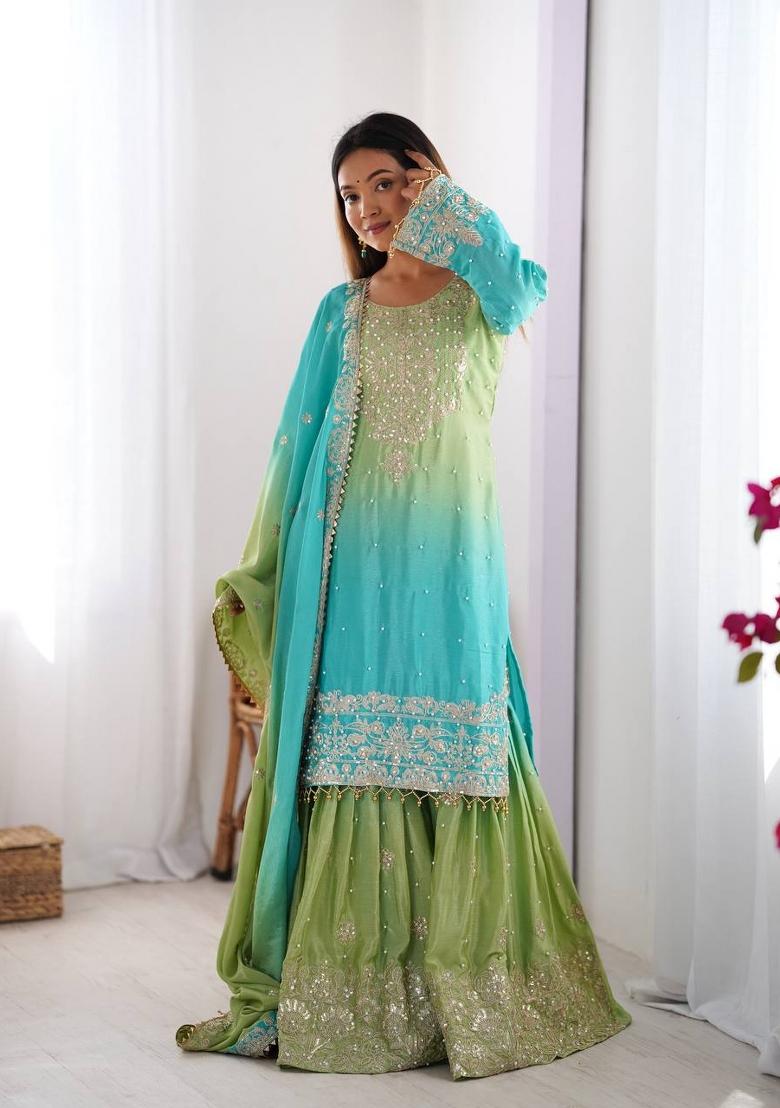 Pista Silk Sequin Embroidered Salwar Kameez With Dupptta