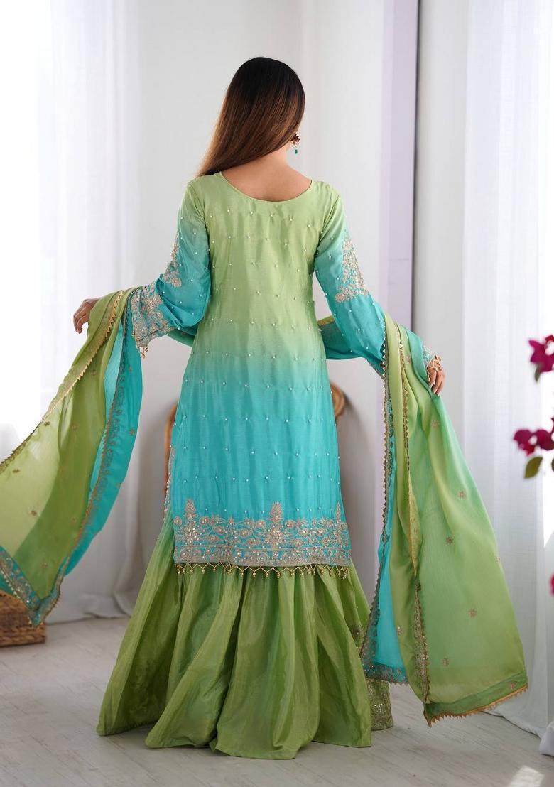 Pista Silk Sequin Embroidered Salwar Kameez With Dupptta
