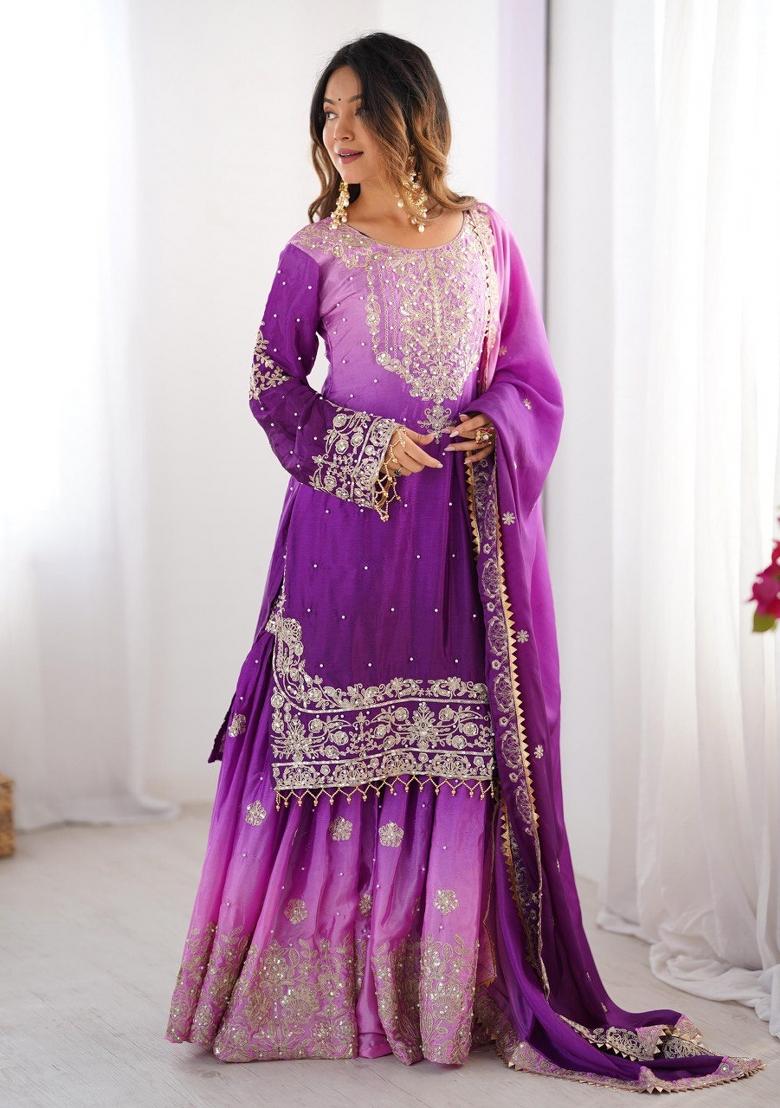 Purple Silk Sequin Embroidered Salwar Kameez With Dupptta