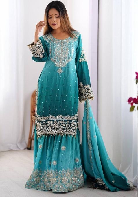 Rama Silk Sequin Embroidered Salwar Kameez With Dupptta
