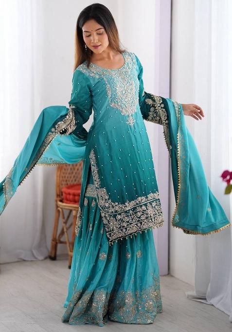 Rama Silk Sequin Embroidered Salwar Kameez With Dupptta