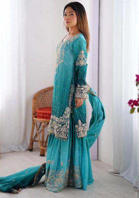 Rama Silk Sequin Embroidered Salwar Kameez With Dupptta