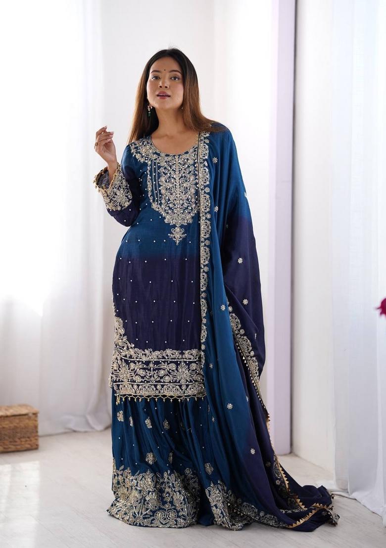 Royalblue Silk Sequin Embroidered Salwar Kameez With Dupptta