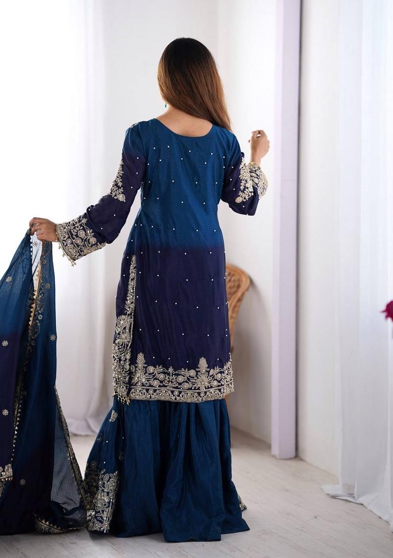 Royalblue Silk Sequin Embroidered Salwar Kameez With Dupptta