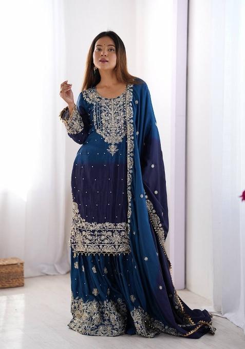 Royalblue Silk Sequin Embroidered Salwar Kameez With Dupptta