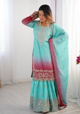 Skyblue Silk Sequin Embroidered Salwar Kameez With Dupptta