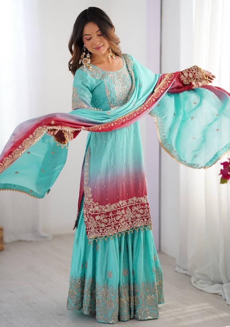 Skyblue Silk Sequin Embroidered Salwar Kameez With Dupptta