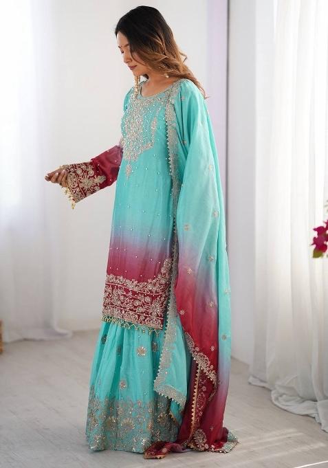 Skyblue Silk Sequin Embroidered Salwar Kameez With Dupptta
