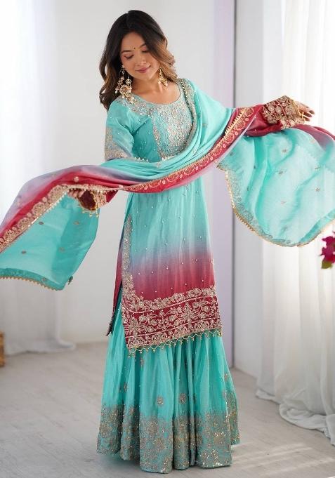 Skyblue Silk Sequin Embroidered Salwar Kameez With Dupptta