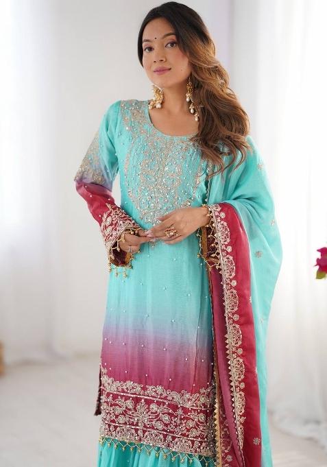 Skyblue Silk Sequin Embroidered Salwar Kameez With Dupptta