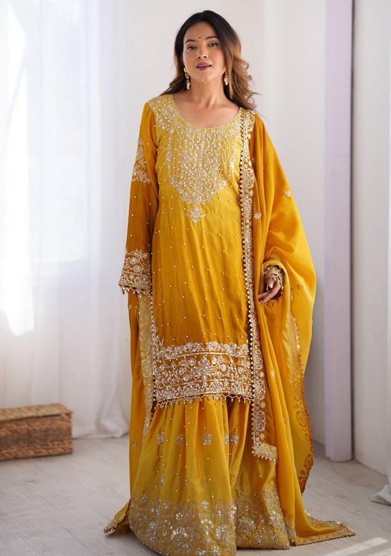 Yellow Silk Sequin Embroidered Salwar Kameez