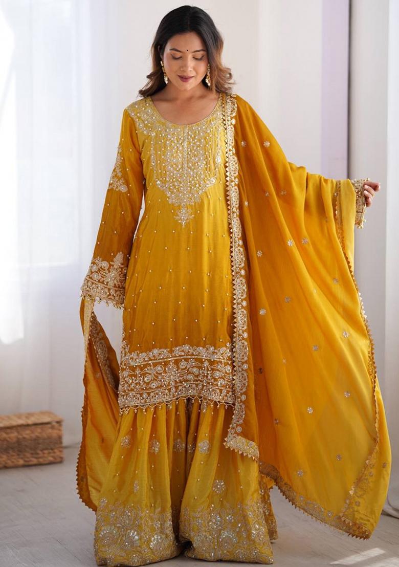 Yellow Silk Sequin Embroidered Salwar Kameez