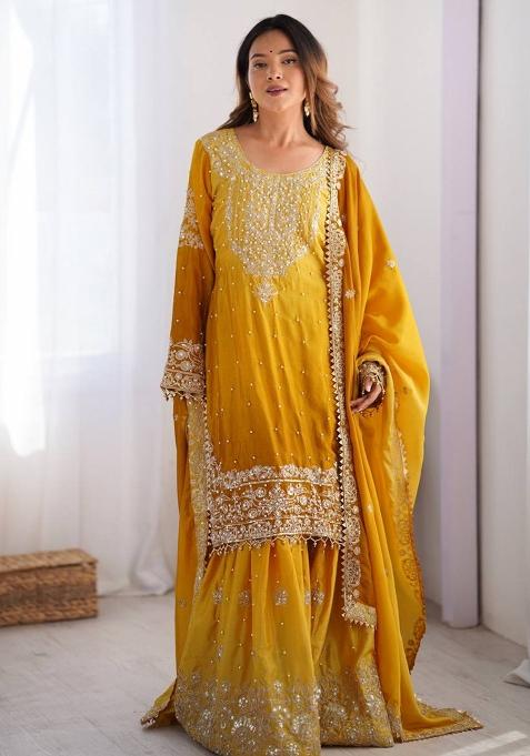 Yellow Silk Sequin Embroidered Salwar Kameez
