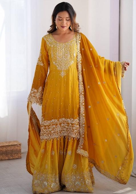 Yellow Silk Sequin Embroidered Salwar Kameez