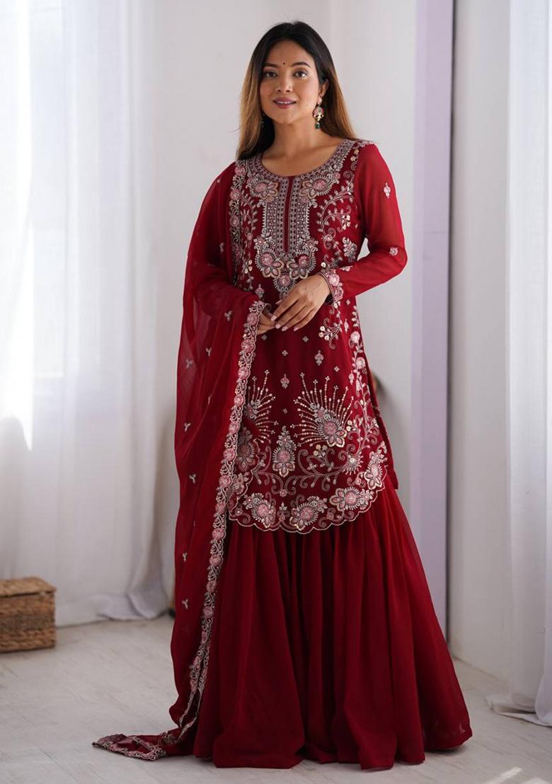 Red Georgette Sequin Embroidered Salwar Kameez With Dupptta