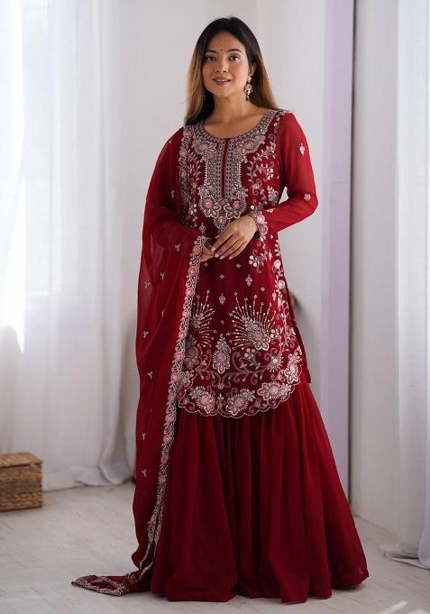 Red Georgette Sequin Embroidered Salwar Kameez With Dupptta