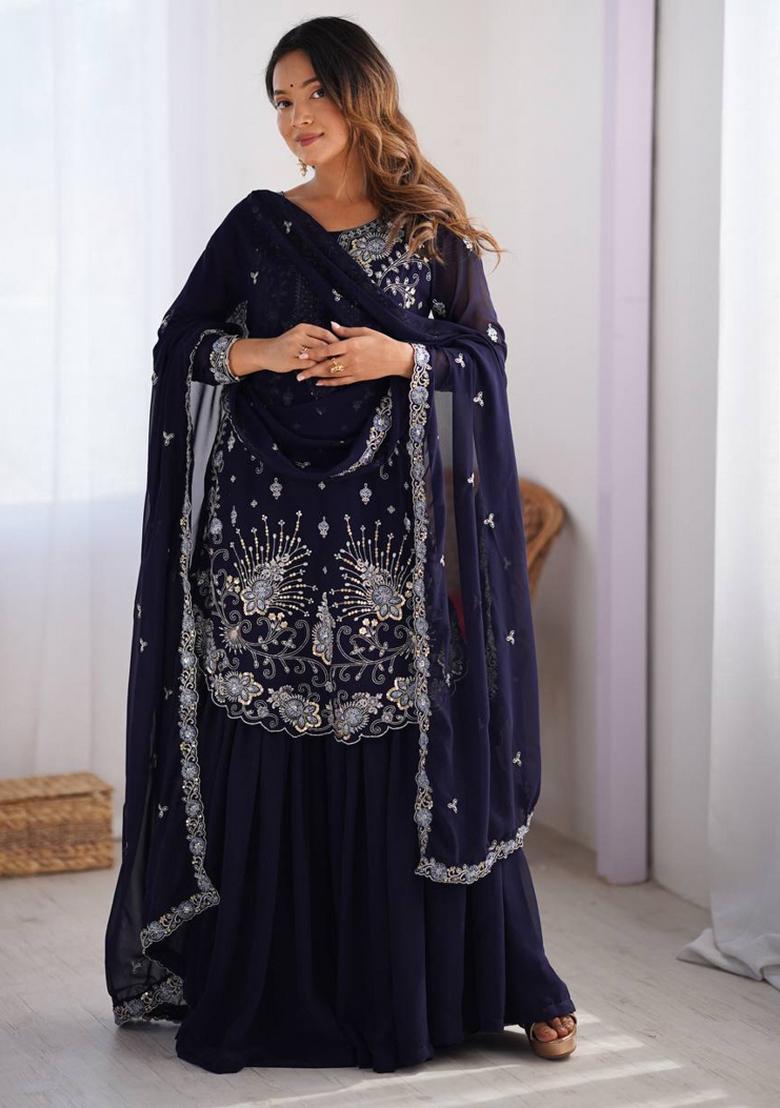 Royalblue Georgette Sequin Embroidered Salwar Kameez With Dupptta
