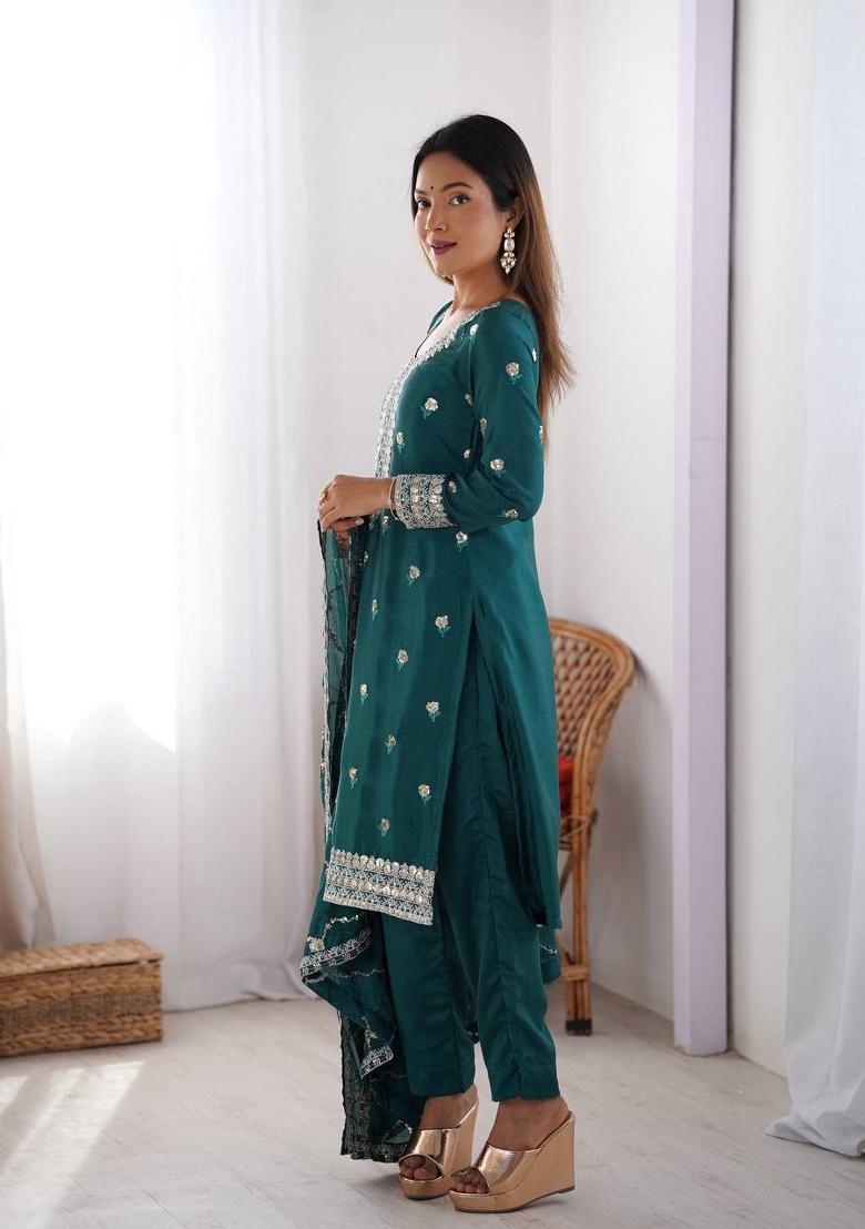 Rama Silk Sequin Embroidered Salwar Kameez With Dupptta