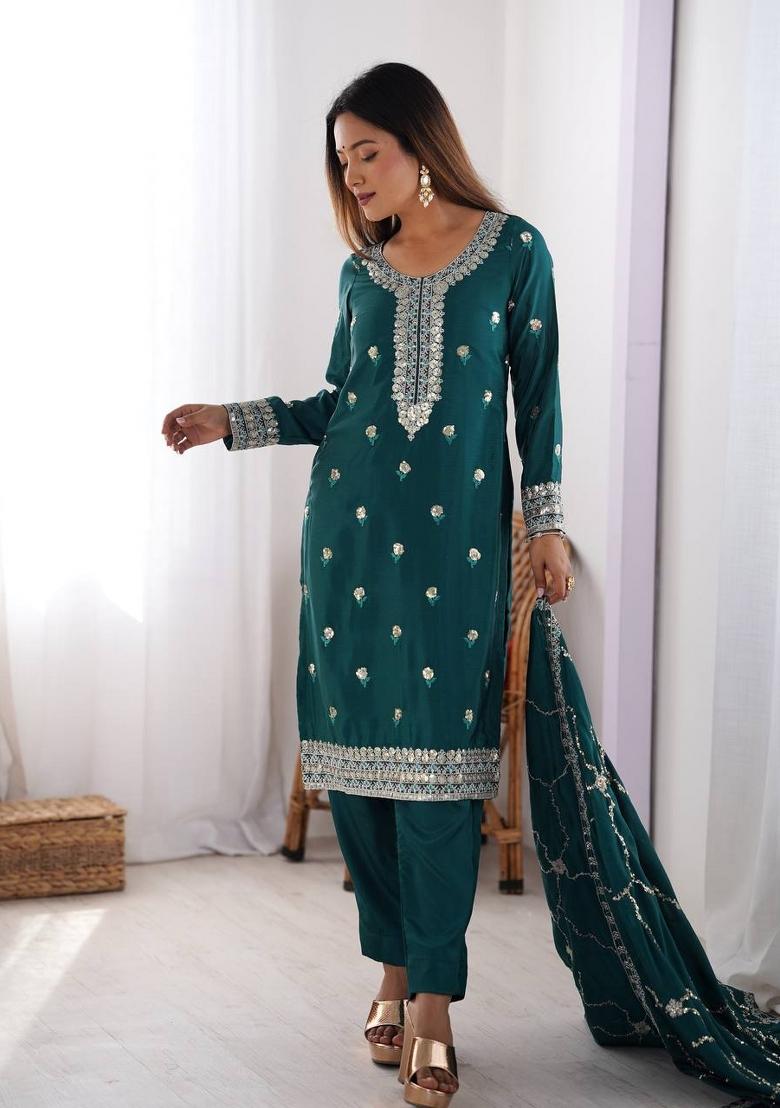 Rama Silk Sequin Embroidered Salwar Kameez With Dupptta