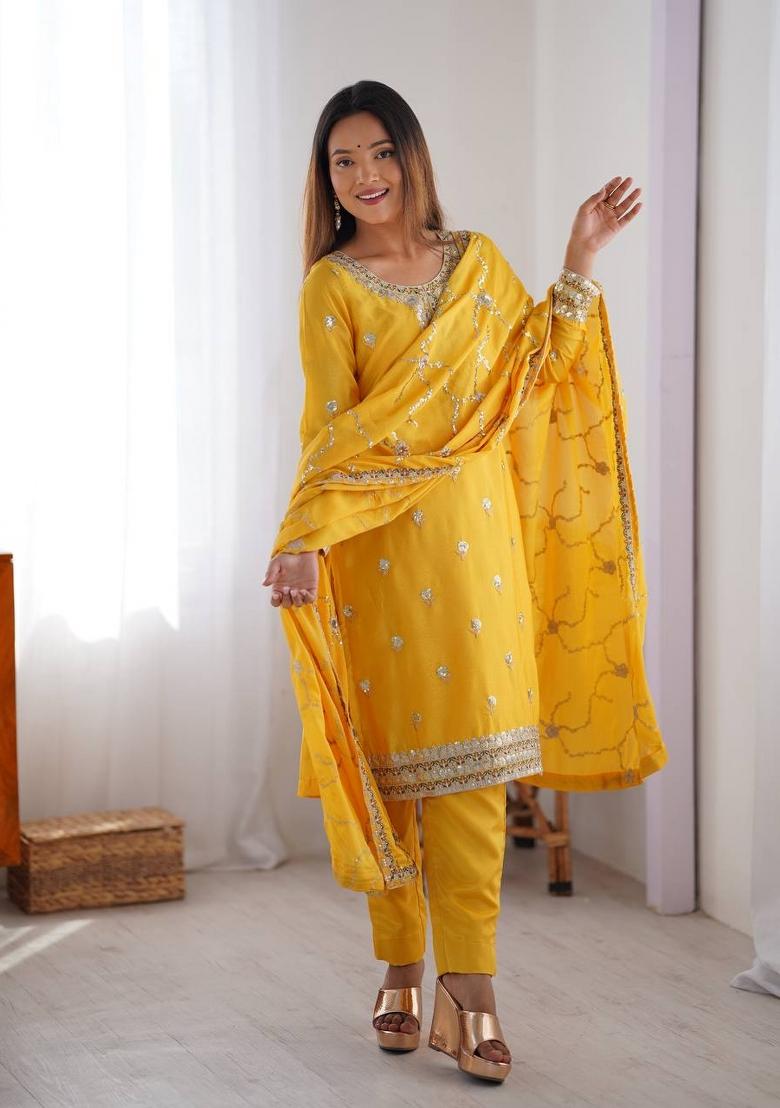 Yellow Silk Sequin Embroidered Salwar Kameez