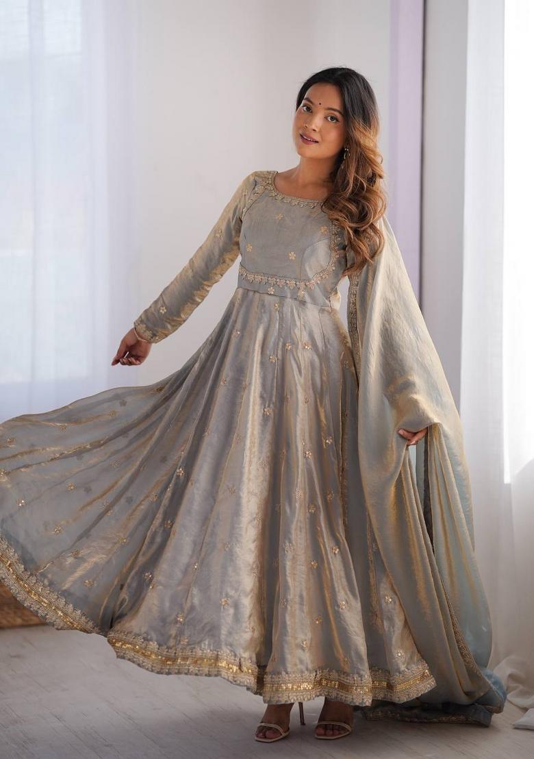 Grey Silk Sequin Embroidered Salwar Kameez With Dupptta