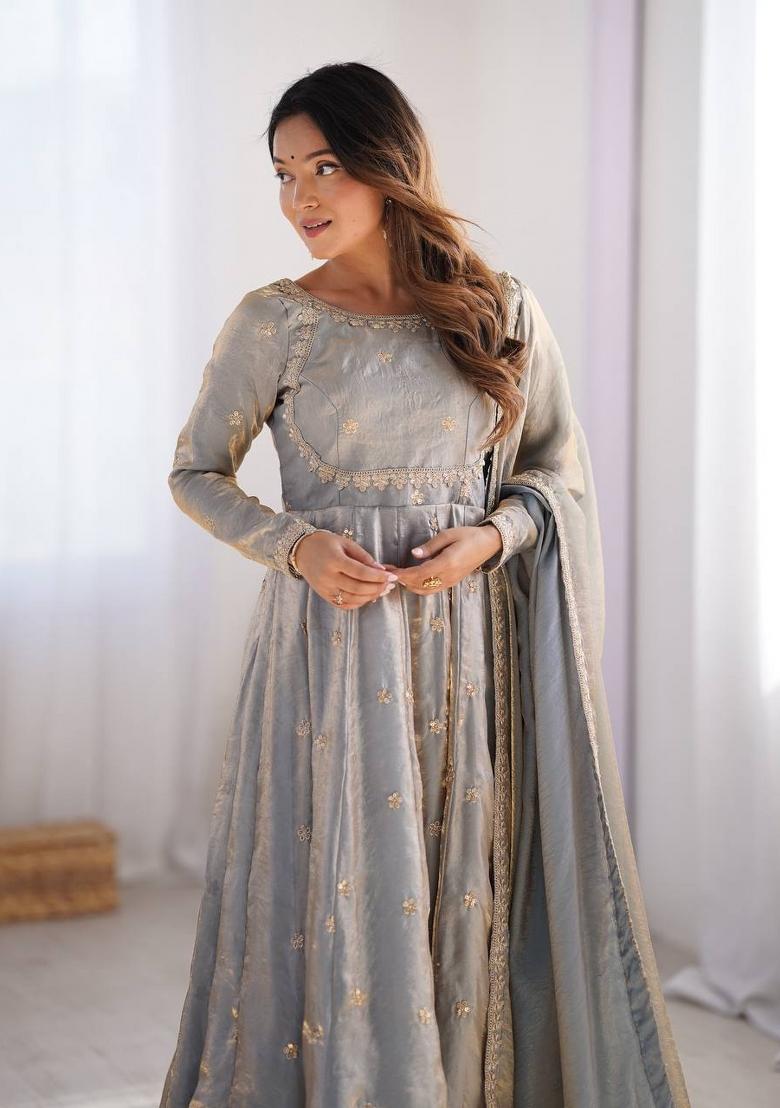 Grey Silk Sequin Embroidered Salwar Kameez With Dupptta