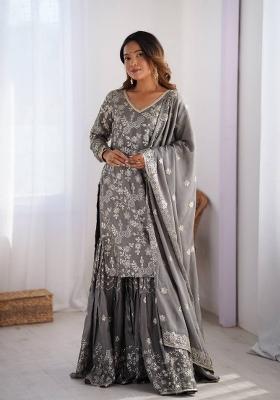 Grey Silk Sequin Embroidered Salwar Kameez With Dupptta