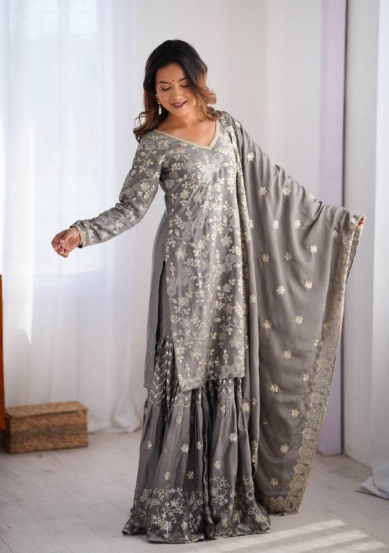 Grey Silk Sequin Embroidered Salwar Kameez With Dupptta
