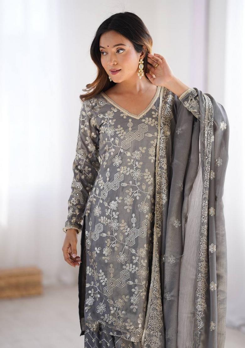 Grey Silk Sequin Embroidered Salwar Kameez With Dupptta