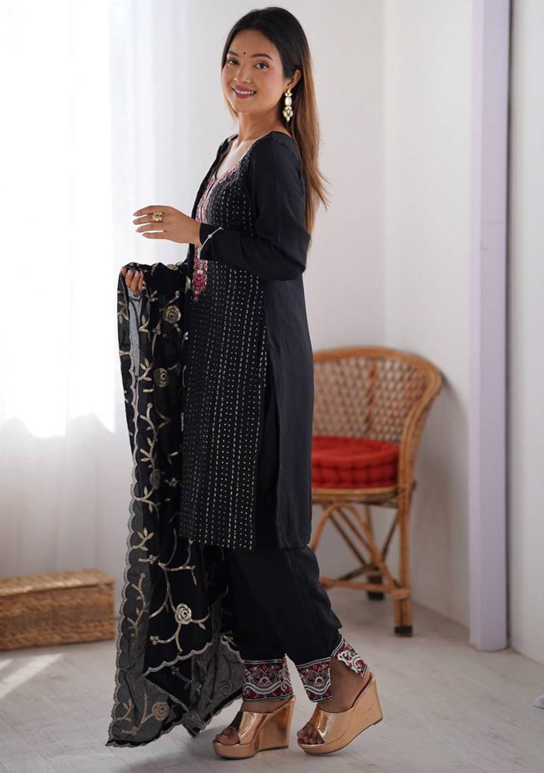 Black Silk Sequin Embroidered Salwar Kameez With Dupptta
