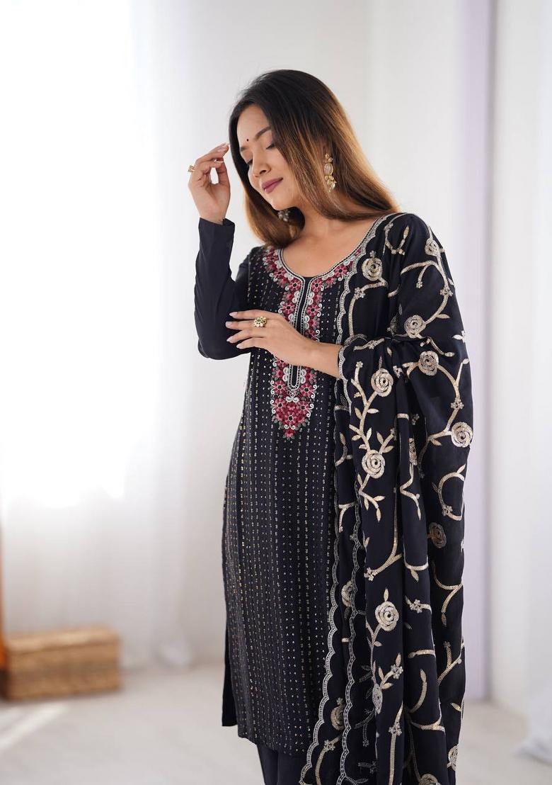 Black Silk Sequin Embroidered Salwar Kameez With Dupptta