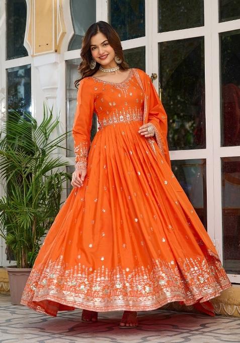 Orange Silk Sequin Embroidered Salwar Kameez With Dupptta