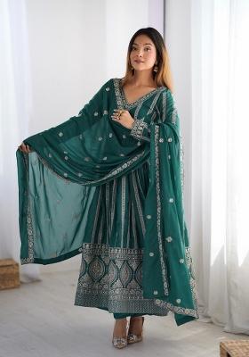 Teal Georgette Sequin Embroidered Salwar Kameez With Dupptta