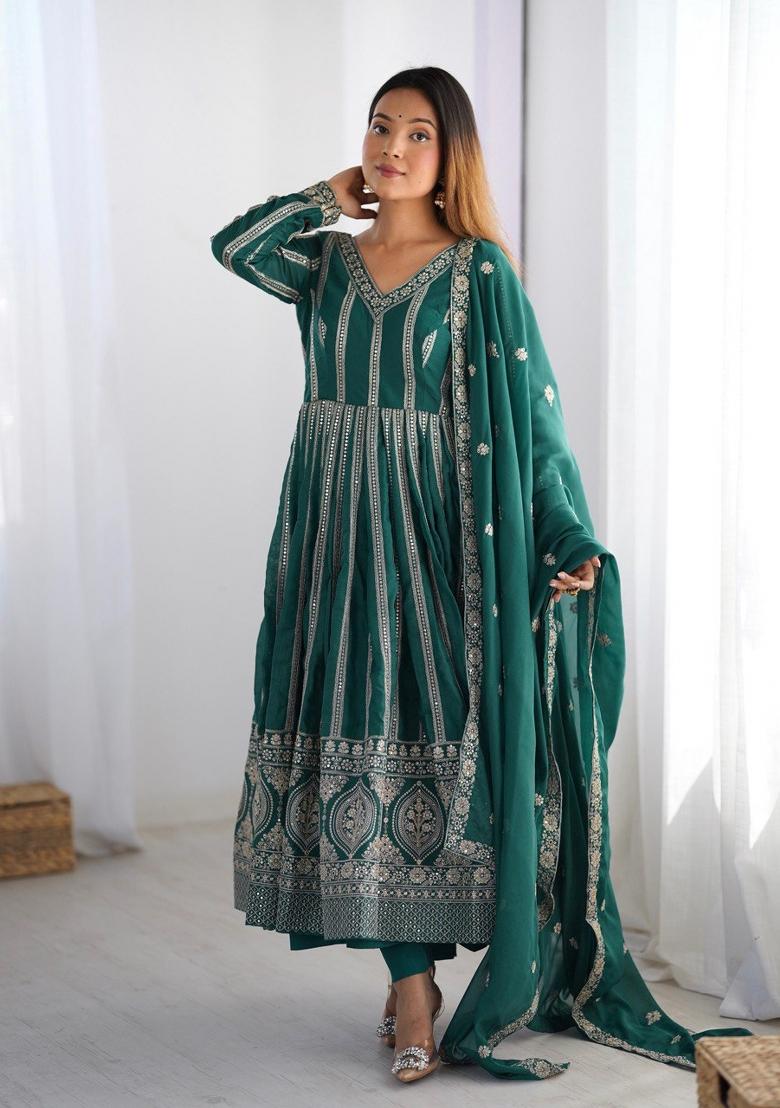 Teal Georgette Sequin Embroidered Salwar Kameez With Dupptta