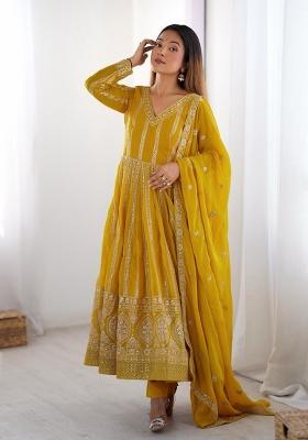 Yellow Georgette Sequin Embroidered Salwar Kameez With Dupptta