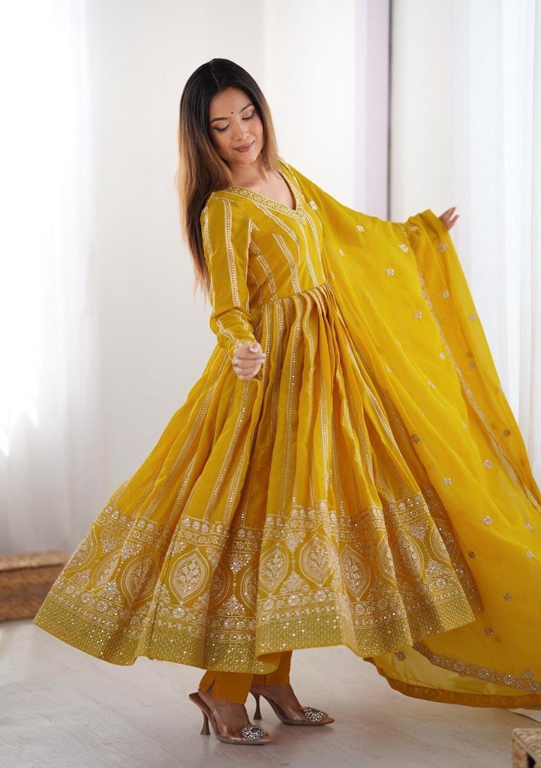 Yellow Georgette Sequin Embroidered Salwar Kameez With Dupptta
