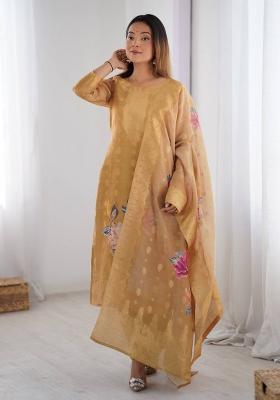 Beige  Chanderi Jacquard Salwar Kameez With Dupptta