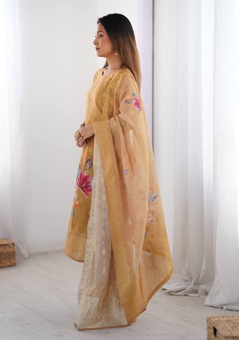 Beige  Chanderi Jacquard Salwar Kameez With Dupptta