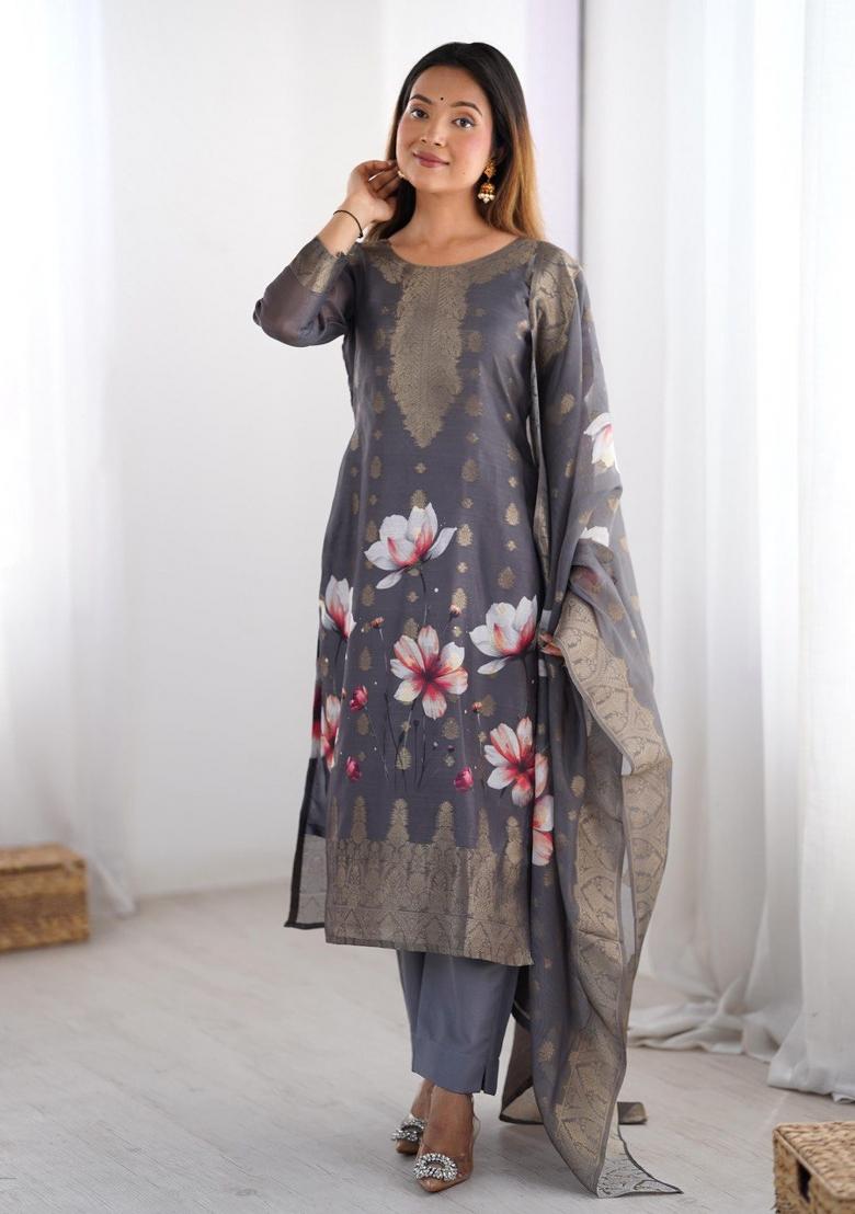Grey  Chanderi Jacquard Salwar Kameez With Dupptta