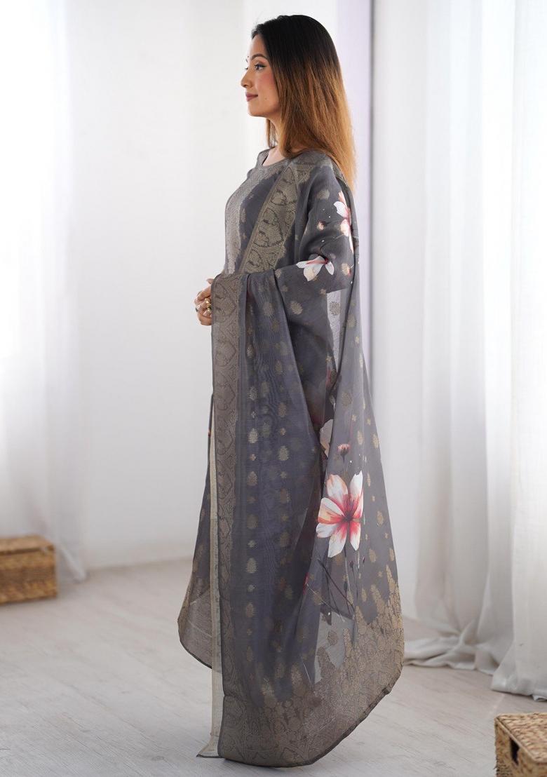 Grey  Chanderi Jacquard Salwar Kameez With Dupptta