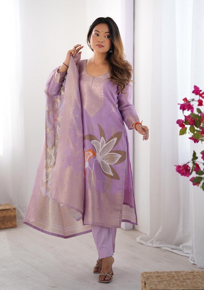 Lavender  Chanderi Jacquard Salwar Kameez With Dupptta