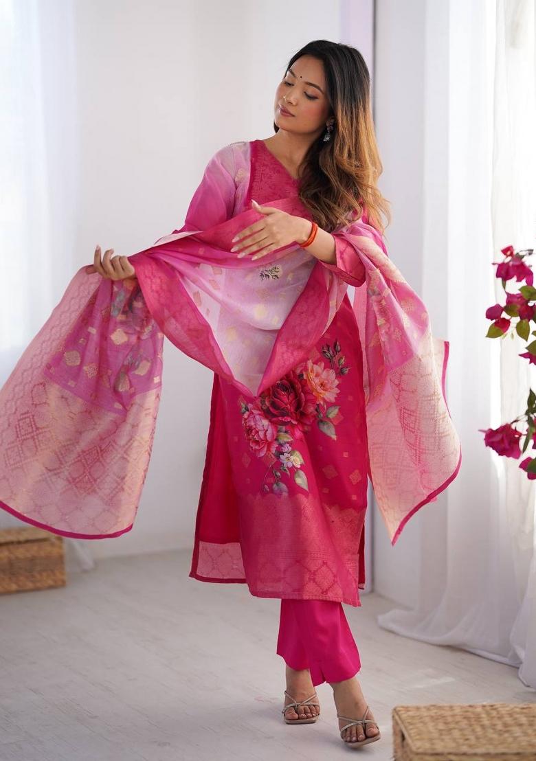 Pink  Chanderi Jacquard Salwar Kameez With Dupptta