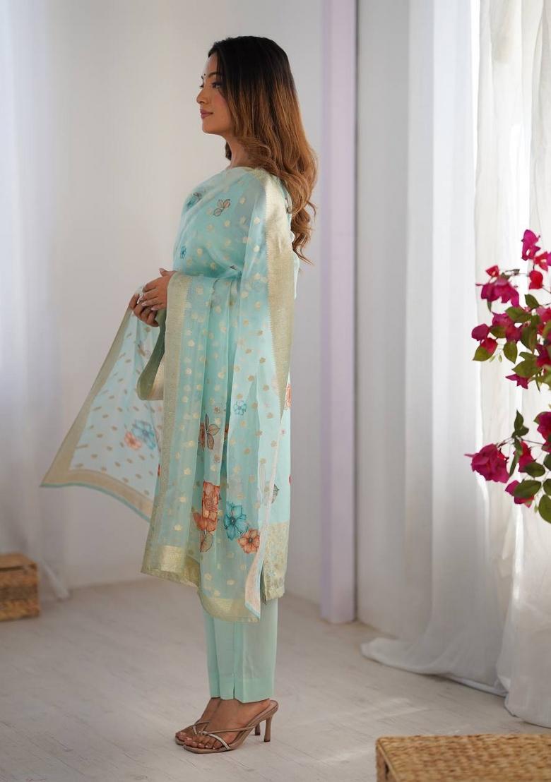 Seagreen  Chanderi Jacquard Salwar Kameez With Dupptta