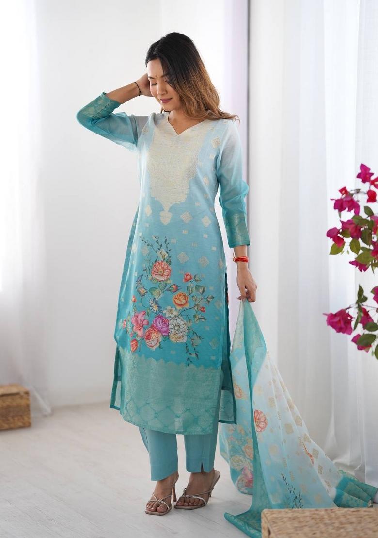 Firozi  Chanderi Jacquard Salwar Kameez With Dupptta