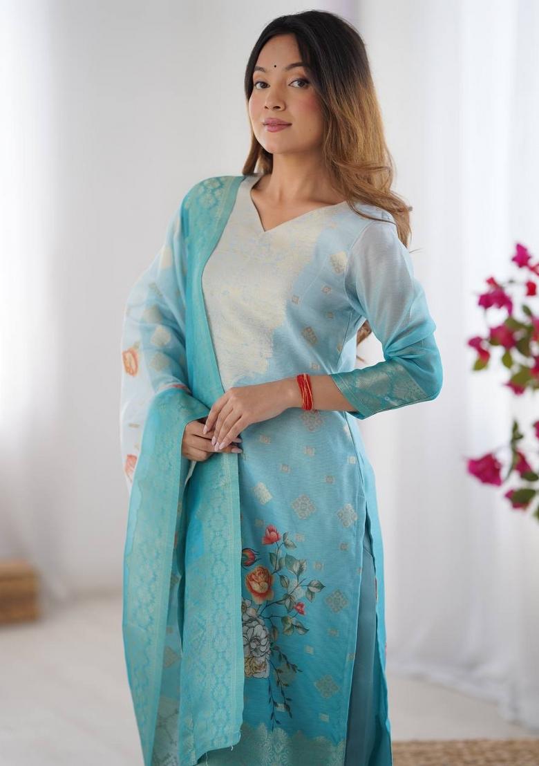 Firozi  Chanderi Jacquard Salwar Kameez With Dupptta