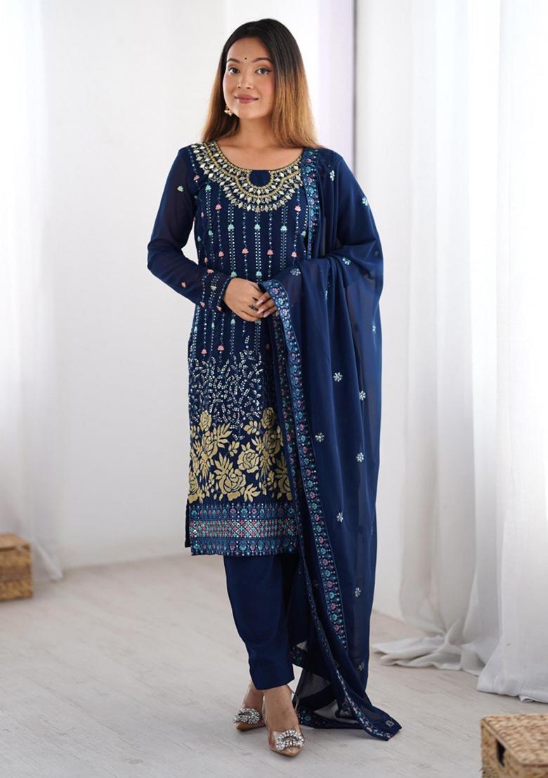 Blue Georgette Sequin Embroidered Salwar Kameez With Dupptta
