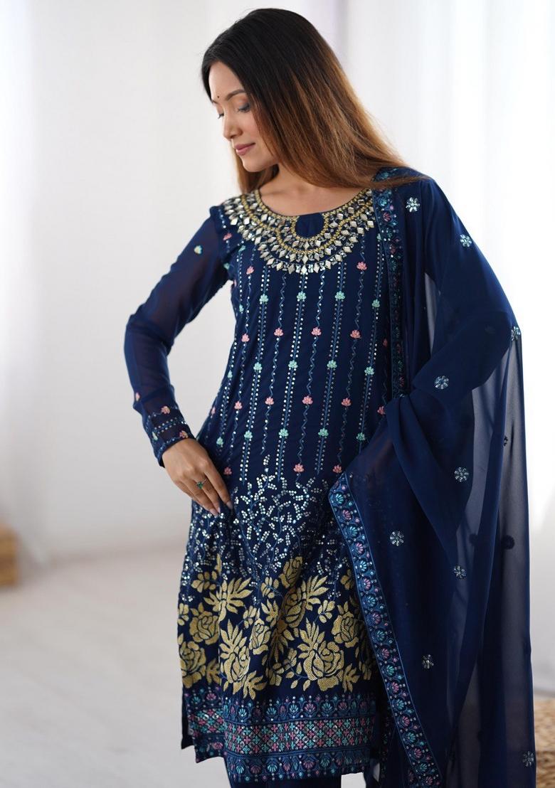 Blue Georgette Sequin Embroidered Salwar Kameez With Dupptta